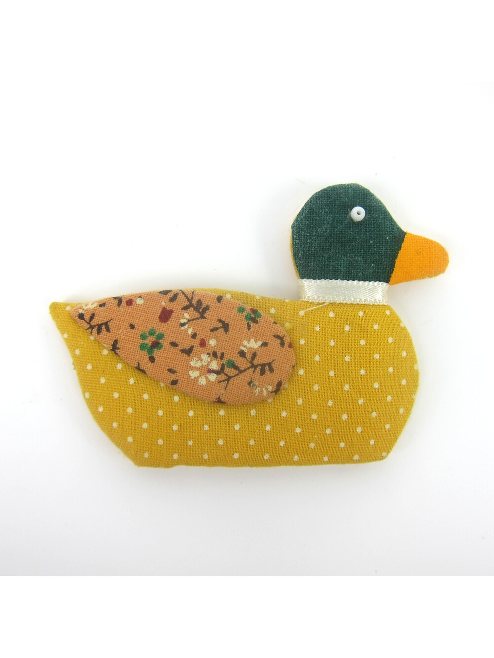 Vintage Patchwork Sewn Duck Refrigerator Magnet 3" Yellow White Polka Dot Floral